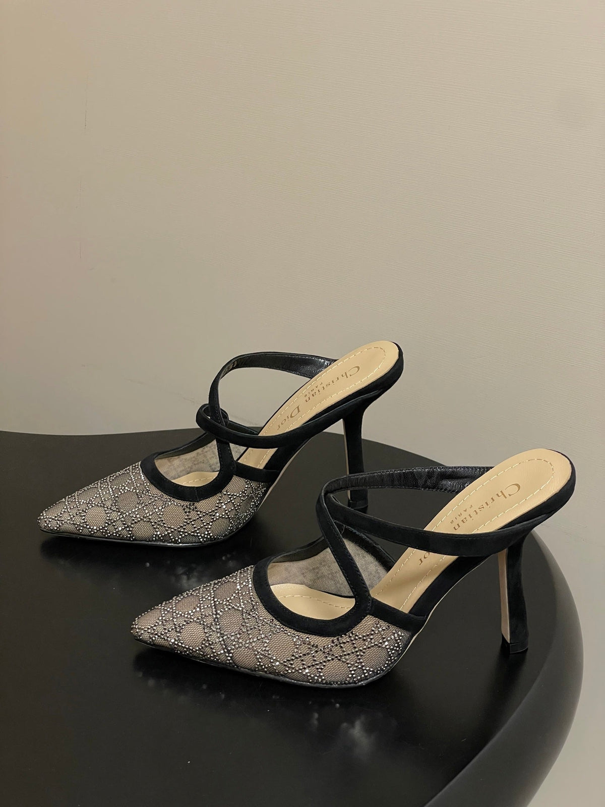 CD 26 High-Heeled Mules Black Beige Mesh Sheepskin 593588